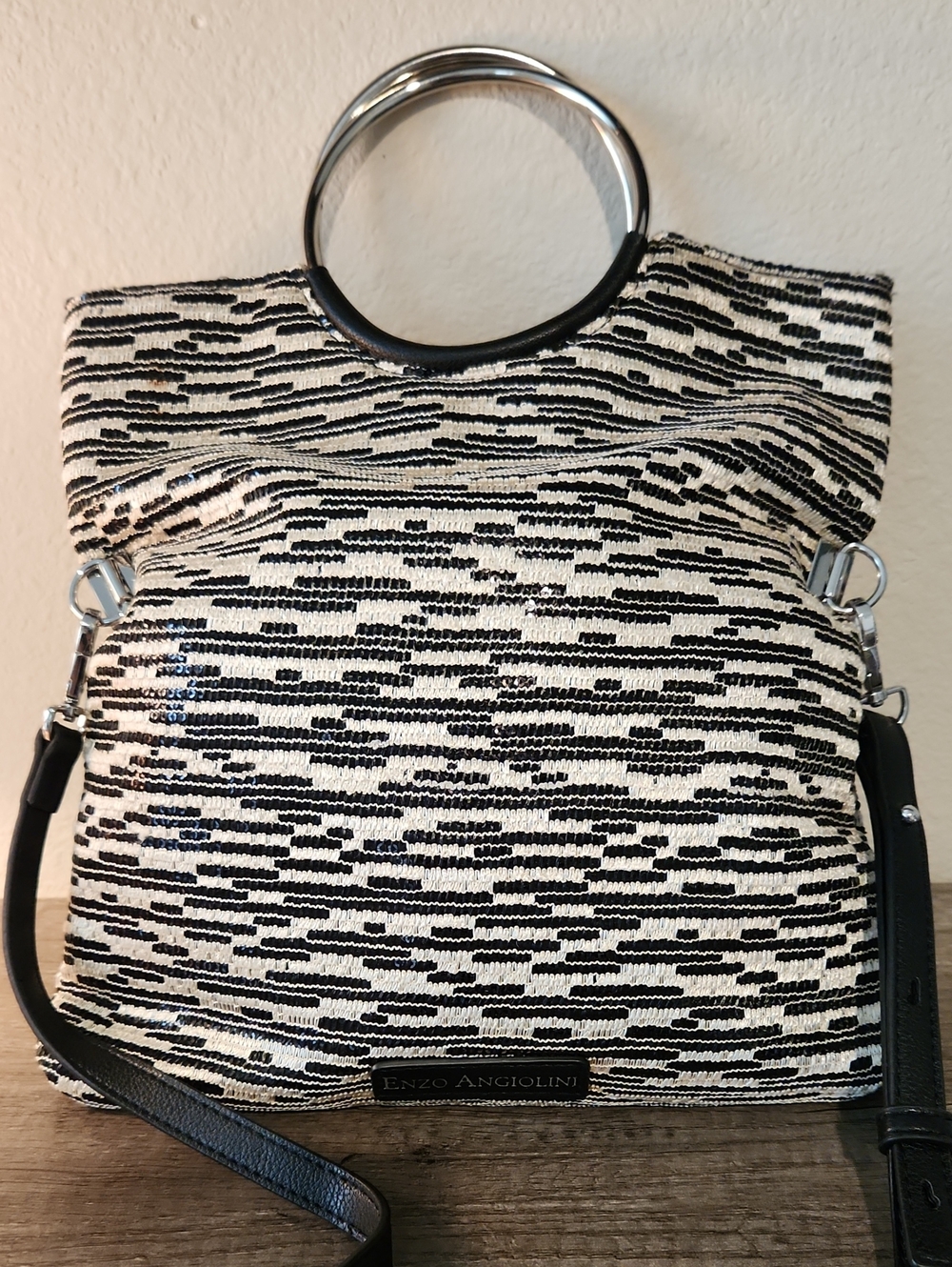 Enzo Angiolini Black and Cream Textured Ring-Handle Shoulder Bag